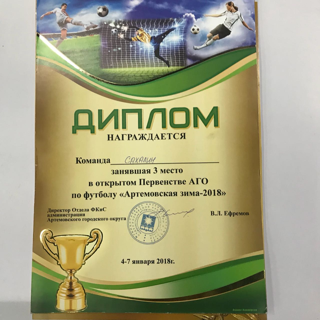 Диплома команды за третье место