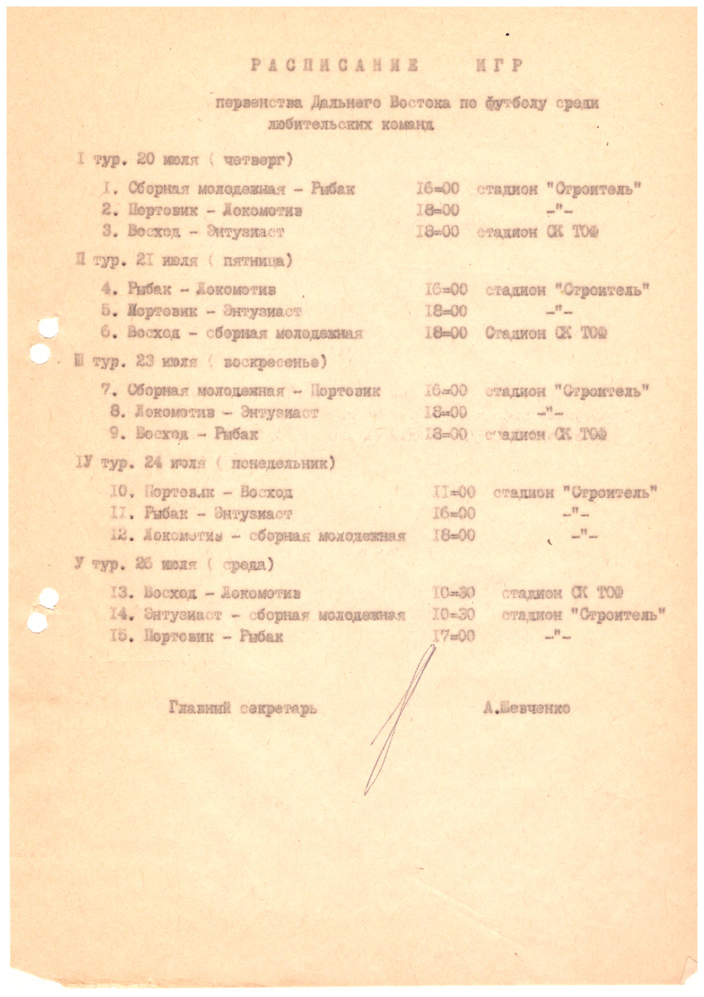 Календарь игр чемпионата Дальнего Востока по футболу (Владивосток) с участием "Рыбака" (Стародубское)